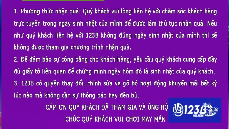 Cách nhận thưởng sinh nhật từ 123B