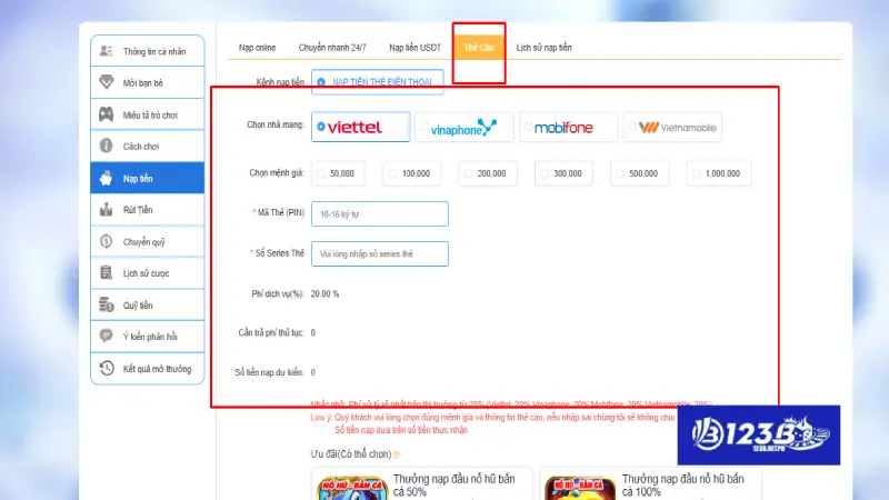 Nạp 123B bằng thẻ cào đơn giản