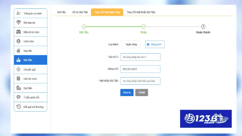 Rút tiền 123B sử dụng USDT